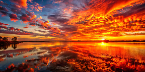 Poster - A breathtaking sunset unfolds over a calm lake, with brilliant hues of orange, pink, and purple illuminating the sky. The colors create a stunning reflection on the water