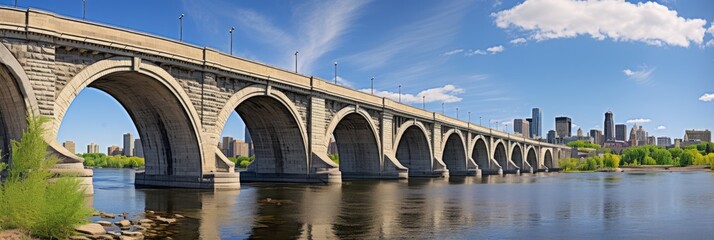 Minneapolis Stone Arch Bridge Panorama - Historic Old River Arch Bridge for Tourists and Travelers in Minnesota