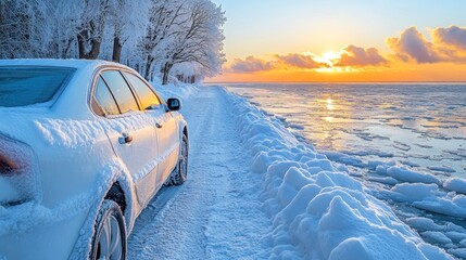 Poster - Snowy winter landscape with car on a road near frozen sea at sunrise.