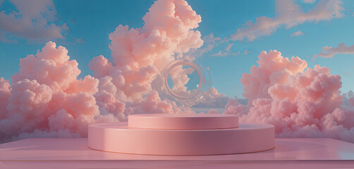 Poster - A platform rests among fluffy pink clouds against a brilliant sky backdrop, creating a dreamy and calm atmosphere during sunset. The scene evokes a feeling of peace and serenity