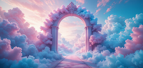 Poster - An ornate archway frames a pathway leading through vibrant, fluffy clouds under a breathtaking pastel sunset sky, evoking a magical and serene feeling