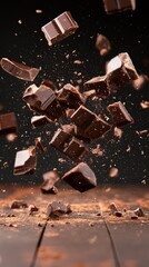 Aufkleber - Many dark chocolate chunks are exploding over a wooden table, creating a visually appealing scene with cocoa powder spreading around, ideal for food and beverage advertising