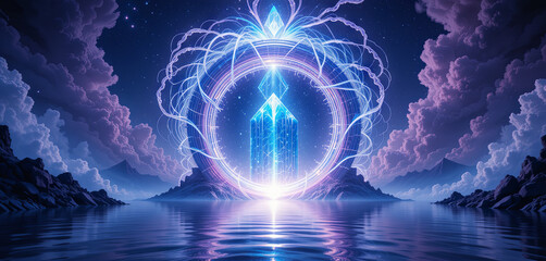 Poster - A stunning portal radiates vibrant light, surrounded by mountains and clouds, creating a serene atmosphere over still waters during twilight hours