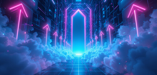 Poster - A striking corridor filled with neon arrows points toward a luminous portal, surrounded by soft clouds. The vibrant colors create a futuristic atmosphere