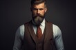 © Anton - Portrait of a Handsome Bearded Gentleman in Trendy Waistcoat and Suit Against a Gray Wall. Copy Space for Business or Mock Up