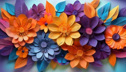 Canvas Print - vibrant 3d paper flowers in orange purple and blue hues arranged in a horizontal banner