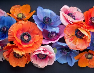 Canvas Print - vibrant floral border with orange pink and blue poppies on a dark background