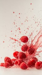 Aufkleber - Fresh, ripe raspberries are cascading down, creating a vibrant splash of raspberry juice and droplets against a clean, bright background, evoking a sense of freshness and summer flavors
