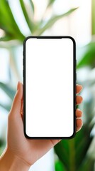 Aufkleber - Woman holding a modern smartphone with a blank white screen, perfect for showcasing designs, apps, and digital content across various platforms and industries