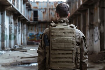 Wall Mural - Soldier wearing bulletproof vest is standing with his back to the camera in an abandoned building