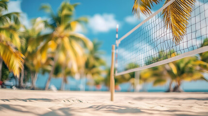Wall Mural - volleyball sand court with net poles in focus and blurred palm trees and blue skies