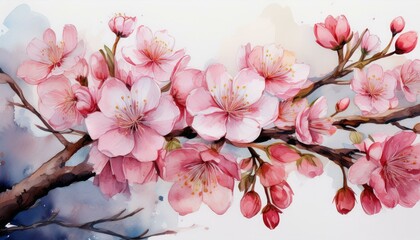 Canvas Print - watercolor painting of delicate pink cherry blossoms on branches