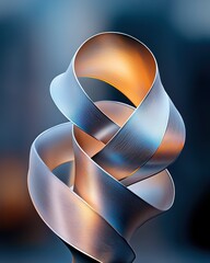 Poster - Swirling metallic ribbons forming a glowing spiral sculpture urban environment art installation contemporary view