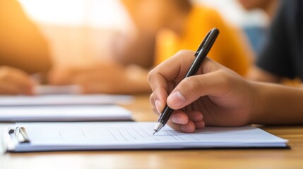 Poster - Close up hand of university student writing notes with pen on notebook paper during lecture in classroom with blurred students in background