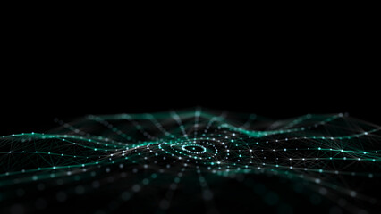 Poster - Abstract circle wave with green light on black background. Science background with moving dots and lines. Network connection technology. Digital structure with particles. 3d rendering.
