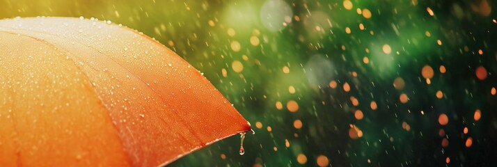 Poster - Close up of bright orange umbrella with water droplets dripping off during a sunny rainy day, with blurred green background and bokeh effect, creating a vibrant and refreshing atmosphere