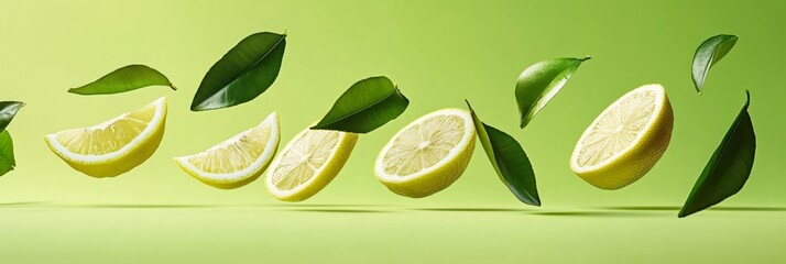 Poster - Lemon slices and vibrant green leaves levitating against a lively green background create a refreshing and dynamic visual, celebrating the essence of summer and healthy living