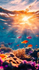 Poster - Sun rays shimmering through the rippling water surface illuminate a vibrant coral reef, while orange fish gracefully swim among the colorful marine life in a breathtaking seascape