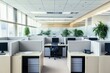 © Aymen - A clean and minimalistic office layout with empty cubicles, sleek desks, and tidy surroundings
