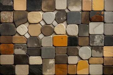 Poster - Decorative stone wall featuring various shapes, sizes, and colors of stones, creating a visually appealing pattern
