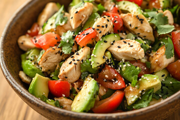 Wall Mural - Fresh chicken salad with avocado, tomatoes, and sesame seeds