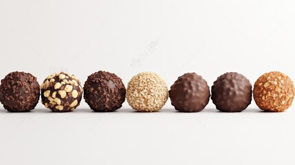 Poster - Seven assorted chocolate candies covered with nuts and chocolate sprinkles forming a perfect line on a minimal white background, celebrating the pleasure of indulging in sweets