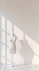 Aufkleber - White mannequin casting a striking shadow on a bright white wall in a well lit fashion studio, embodying themes of creativity, design, and contemporary style