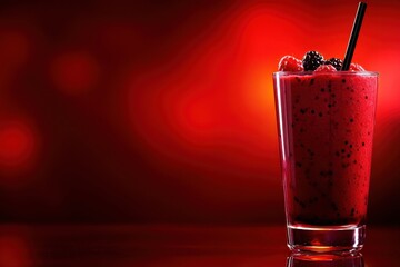 Wall Mural - Red smoothie with raspberries and blackberries for a healthy diet. In a glass glass and with a straw. On a red background, with space for text