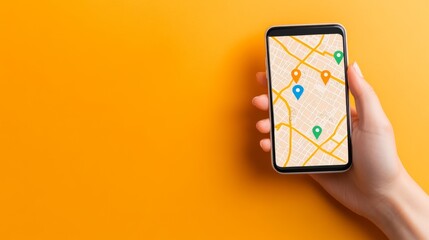 Poster - Woman is holding mobile phone displaying gps navigation application with marked locations on orange background, concept of online maps and navigation