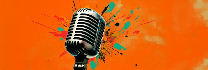 Poster - Vintage microphone set against a vibrant orange backdrop with dynamic paint splatters, embodying music, sound, and artistic expression for entertainment projects