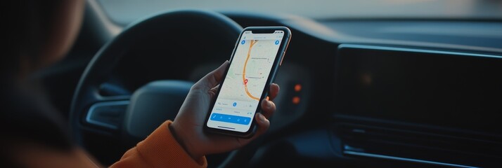 Poster - Close up of a driver's hand holding smartphone displaying navigation app with map and route, providing real time location and directions while driving a car, ensuring safe and efficient travel