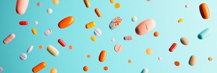 Poster - Assorted pharmaceutical pills, tablets, and capsules falling on a light blue background, creating a vibrant composition related to healthcare and the pharmaceutical industry