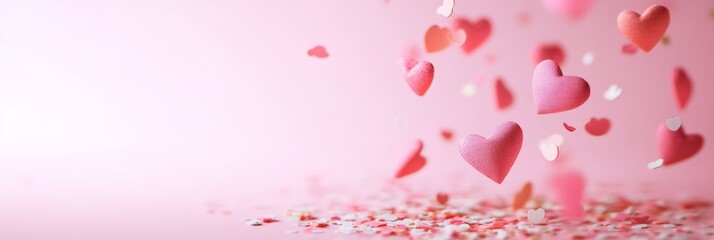 Poster - Pink hearts are gently falling onto a surface covered with pink and white glitter, creating a romantic atmosphere perfect for celebrating valentine's day, anniversaries, or other special occasions