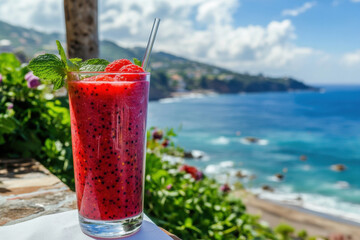 Wall Mural - Red smoothie with raspberries and mint for a healthy diet. In a glass glass and with a straw. With the beach in the background, with space for text