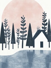 Poster - Serene landscape with a house by a calm lake and silhouetted trees under a large sun