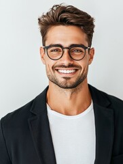 Wall Mural - Man wearing glasses and a black jacket is smiling