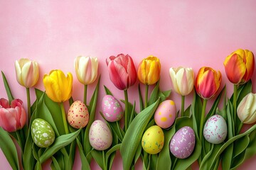 Wall Mural - Colorful painted easter eggs with spring flowers