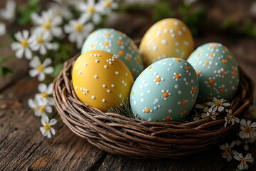 Wall Mural - Colorful painted easter eggs in basket