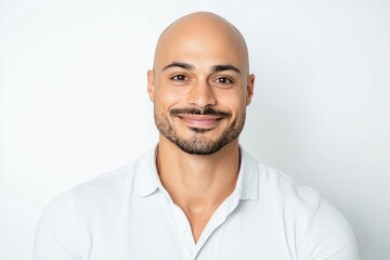 Wall Mural - Man with a shaved head and a mustache is smiling for the camera