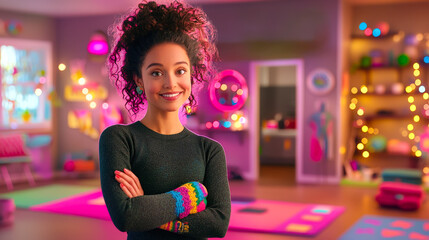 Young girl with curly hair smiles in a colorful room filled with lights and play areas