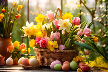 Poster - Colorful spring flowers and decorated eggs in a sunlit outdoor setting create a vibrant Easter celebration atmosphere