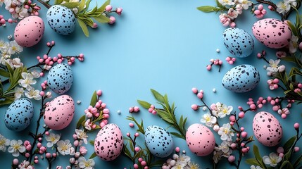 Wall Mural - Colorful painted easter eggs with spring flowers