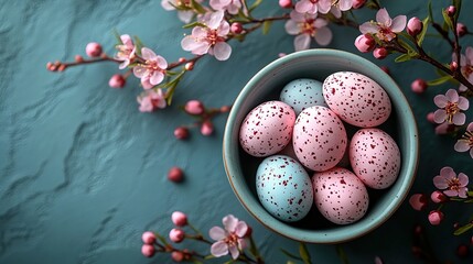 Wall Mural - Colorful painted easter eggs with spring flowers