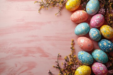 Wall Mural - Colorful painted easter eggs with spring flowers