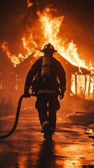 Aufkleber - Firefighter walking away from burning house at night, carrying fire hose and wearing protective gear, with intense flames and smoke creating dramatic scene