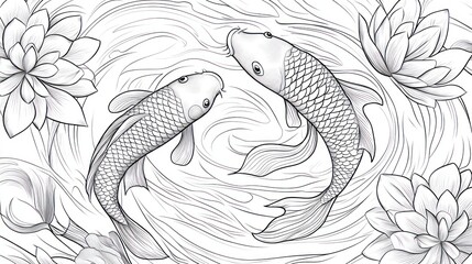 Two Koi fish swimming in a pond with flowers. Line drawing for art or coloring use