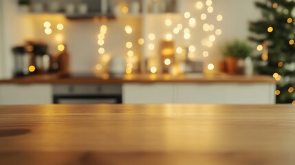 Poster - Empty wooden table top with blurred christmas kitchen with warm lights bokeh background presenting festive holiday atmosphere for displaying products and seasonal decoration