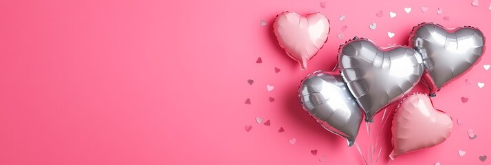 Aufkleber - Pink and silver heart shaped balloons floating on a pink background with confetti create a festive atmosphere, perfect for valentine's day, anniversaries, or romantic celebrations