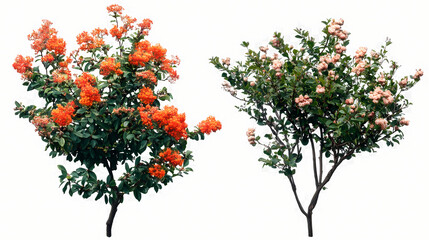 Wall Mural - Set of caryopteris x clandonensis and pyracantha coccinea frontal isolated png on a transparent background perfectly cutout. Firethorn. Illustration
