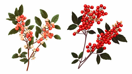 Wall Mural - Set of pyracantha coccinea (scarlet firethorn) and clethra alnifolia (the coastal sweetpepperbush) frontal isolated png on a transparent background perfectly cutout. Firethorn. Illustration